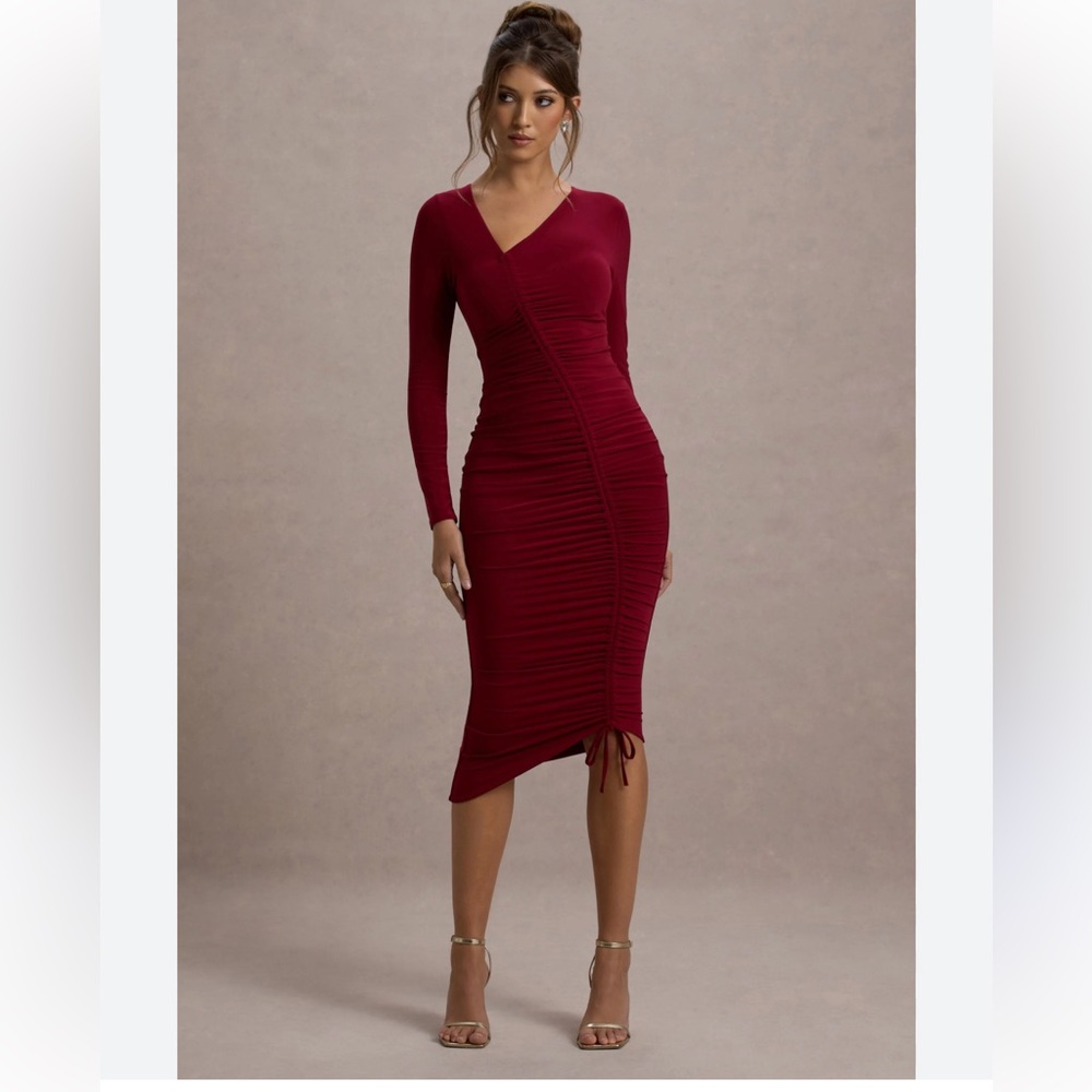 Club L London Lilia Nwt Asymmetrical Elegant Burgundy Long Sleeve Dress Midi 2